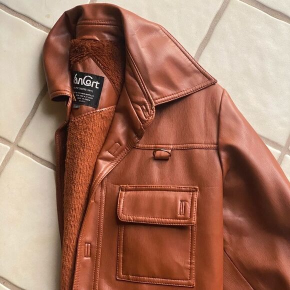 Vintage Long Brown Faux Leather Motorcycle Jacket Vancourt Womens Size Small - Picture 3 of 8